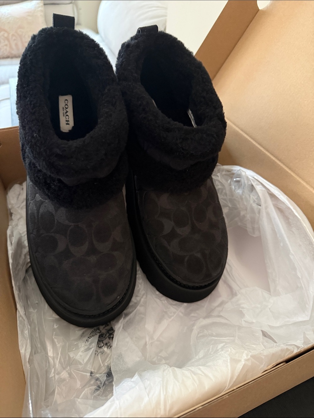 Coach Black Monogram Shearling Cuff Platform Booties